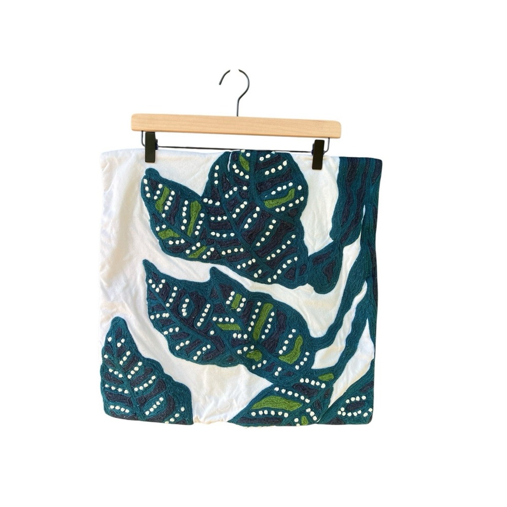 West Elm Crewel Embroidered Leaf Pillow Cover Teal Blue 20x20